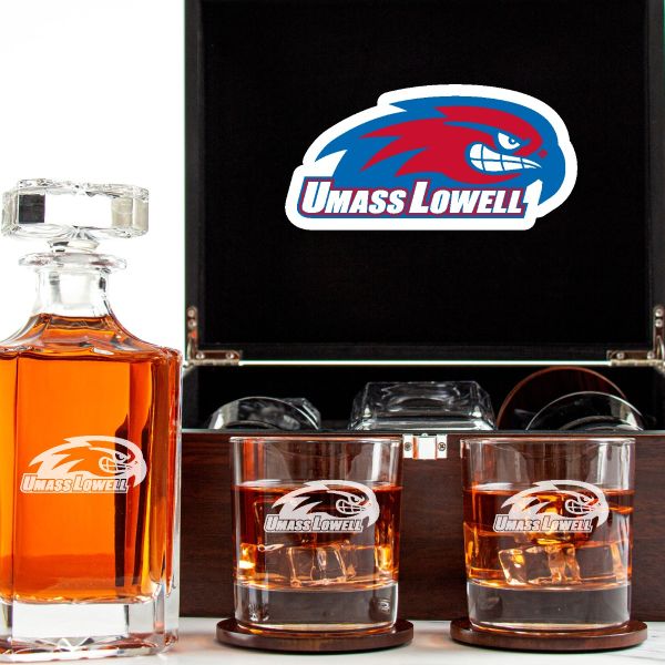 Customized Engraved Dark Brown Wood Box Decanter Set With Rocks Glasses - NCAA UMass Lowell River Hawks
