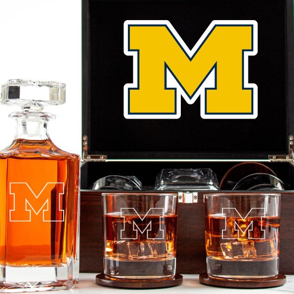 Customized Engraved Dark Brown Wood Box Decanter Set With Rocks Glasses - NCAA Michigan Wolverines