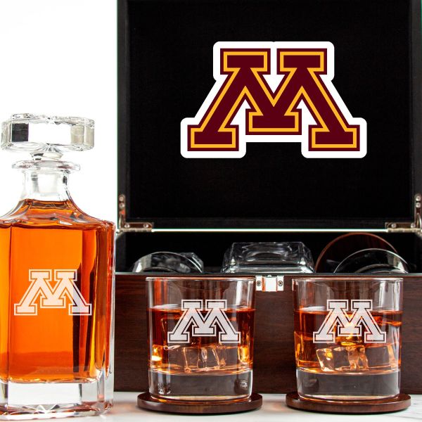 Customized Engraved Dark Brown Wood Box Decanter Set With Rocks Glasses - NCAA Minnesota Golden Gophers