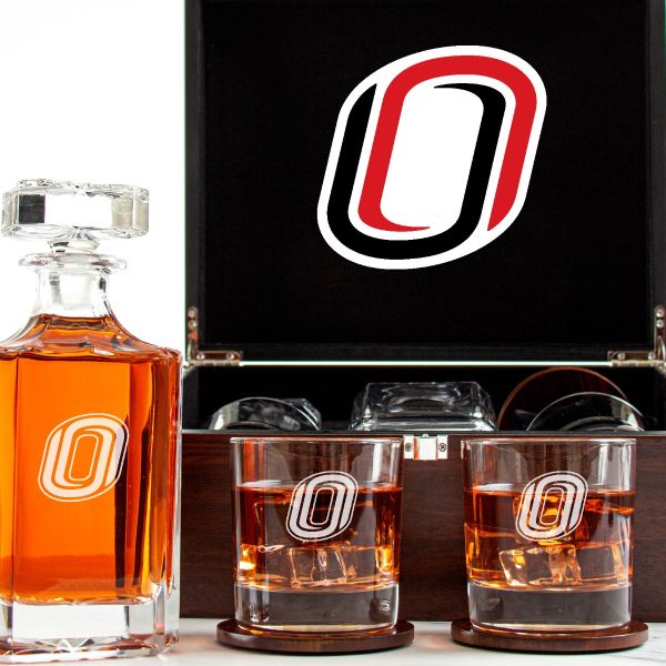 Customized Engraved Dark Brown Wood Box Decanter Set With Rocks Glasses - NCAA Omaha Mavericks
