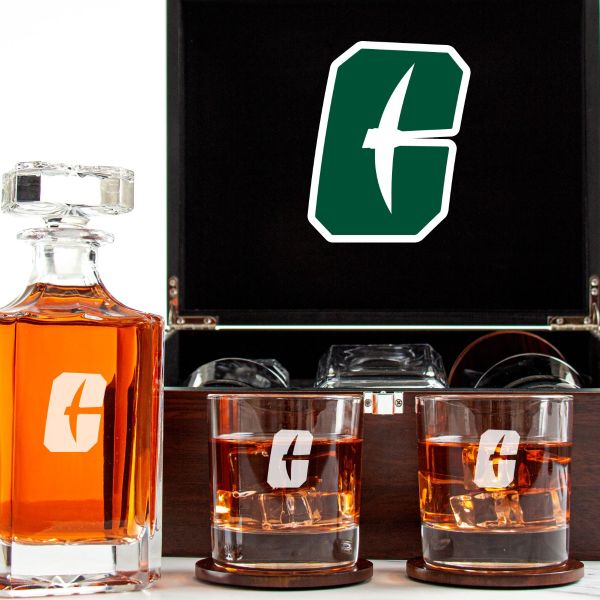 Customized Engraved Dark Brown Wood Box Decanter Set With Rocks Glasses - NCAA Charlotte 49ers