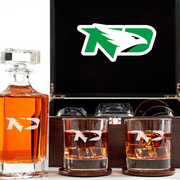 Customized Engraved Dark Brown Wood Box Decanter Set With Rocks Glasses - NCAA North Dakota Fighting Hawks