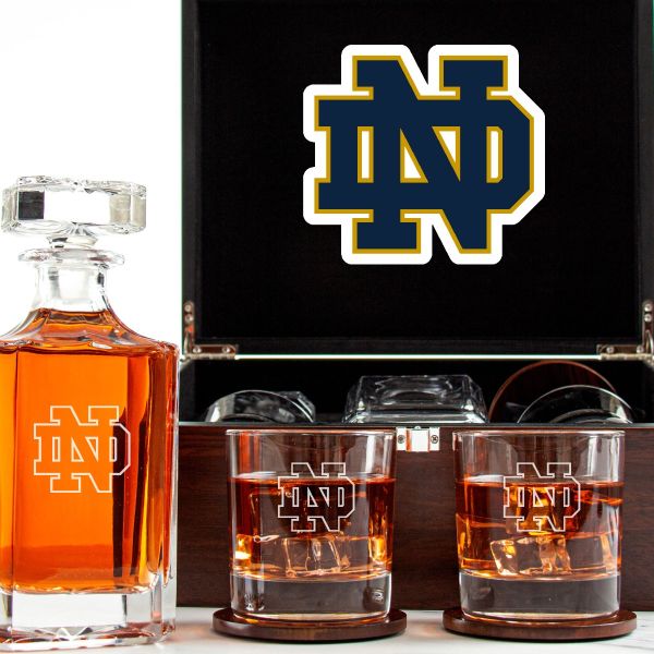 Customized Engraved Dark Brown Wood Box Decanter Set With Rocks Glasses - NCAA Notre Dame Fighting Irish