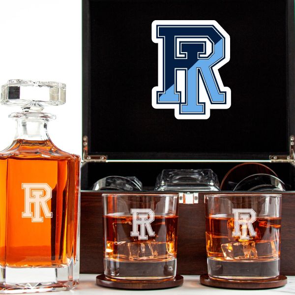 Customized Engraved Dark Brown Wood Box Decanter Set With Rocks Glasses - NCAA Rhode Island Rams