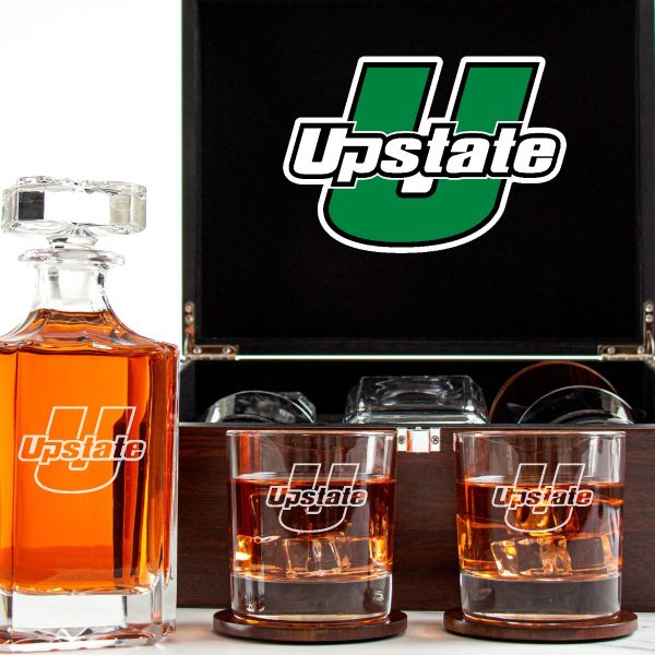 Customized Engraved Dark Brown Wood Box Decanter Set With Rocks Glasses - NCAA USC Upstate Spartans