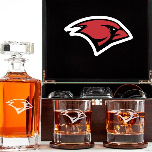Customized Engraved Dark Brown Wood Box Decanter Set With Rocks Glasses - NCAA Incarnate Word Cardinals