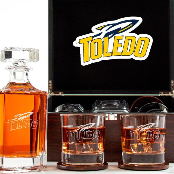 Customized Engraved Dark Brown Wood Box Decanter Set With Rocks Glasses - NCAA Toledo Rockets