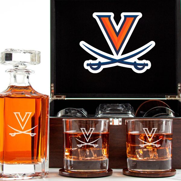 Customized Engraved Dark Brown Wood Box Decanter Set With Rocks Glasses - NCAA Virginia Cavaliers