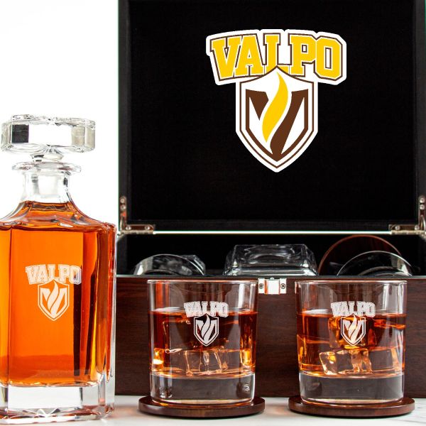 Customized Engraved Dark Brown Wood Box Decanter Set With Rocks Glasses - NCAA Valparaiso Beacons