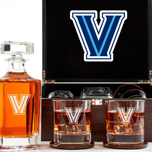 Customized Engraved Dark Brown Wood Box Decanter Set With Rocks Glasses - NCAA Villanova Wildcats