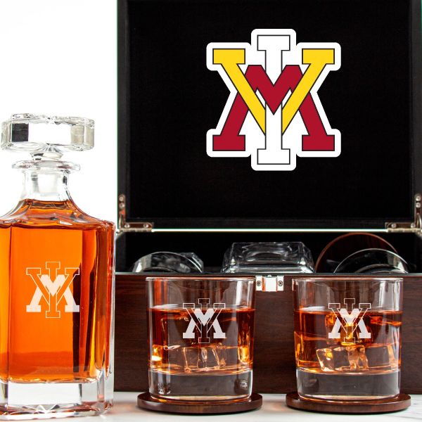 Customized Engraved Dark Brown Wood Box Decanter Set With Rocks Glasses - NCAA VMI Keydets