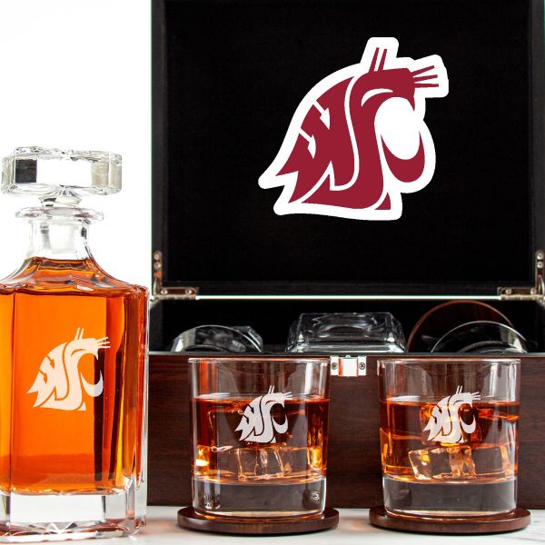 Customized Engraved Dark Brown Wood Box Decanter Set With Rocks Glasses - NCAA Washington State Cougars