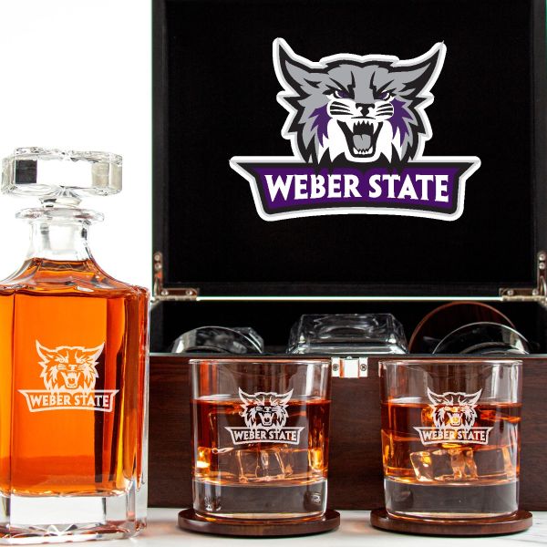 Customized Engraved Dark Brown Wood Box Decanter Set With Rocks Glasses - NCAA Weber State Wildcats