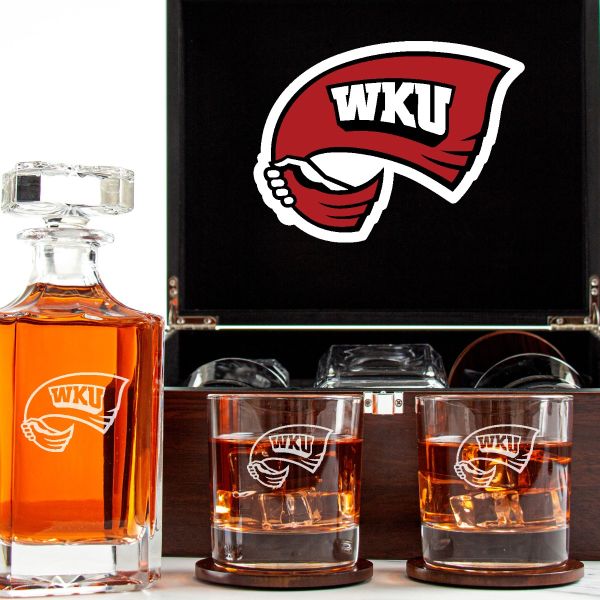 Customized Engraved Dark Brown Wood Box Decanter Set With Rocks Glasses - NCAA Western Kentucky Hilltoppers