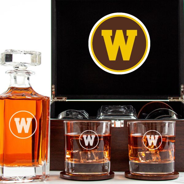 Customized Engraved Dark Brown Wood Box Decanter Set With Rocks Glasses - NCAA Western Michigan Broncos