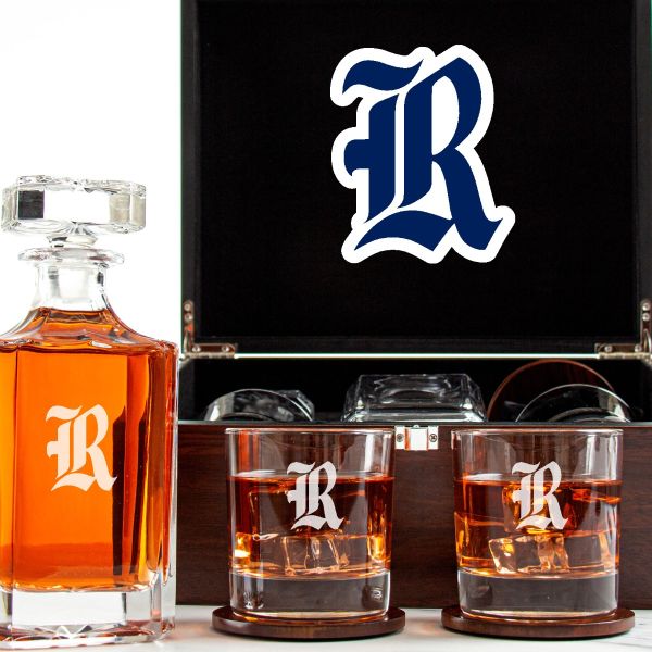 Customized Engraved Dark Brown Wood Box Decanter Set With Rocks Glasses - NCAA Rice Owls