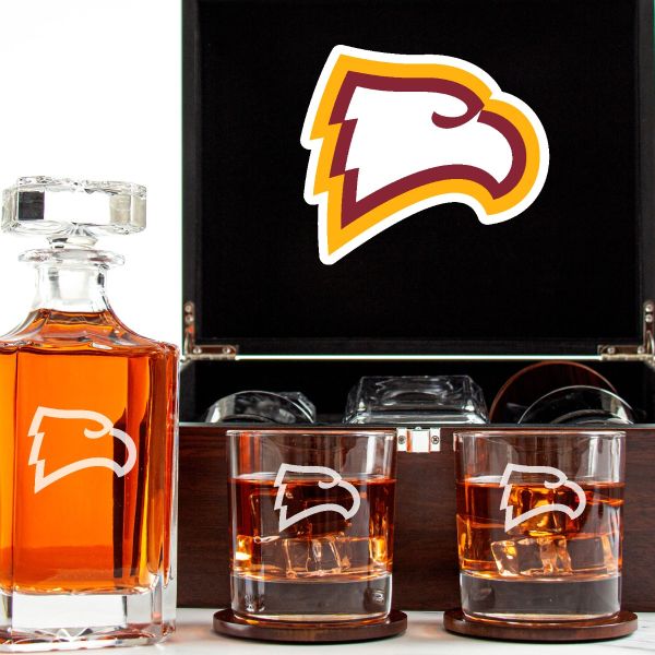 Customized Engraved Dark Brown Wood Box Decanter Set With Rocks Glasses - NCAA Winthrop Eagles