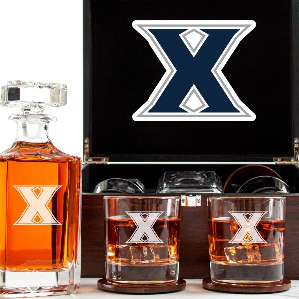Customized Engraved Dark Brown Wood Box Decanter Set With Rocks Glasses - NCAA Xavier Musketeers