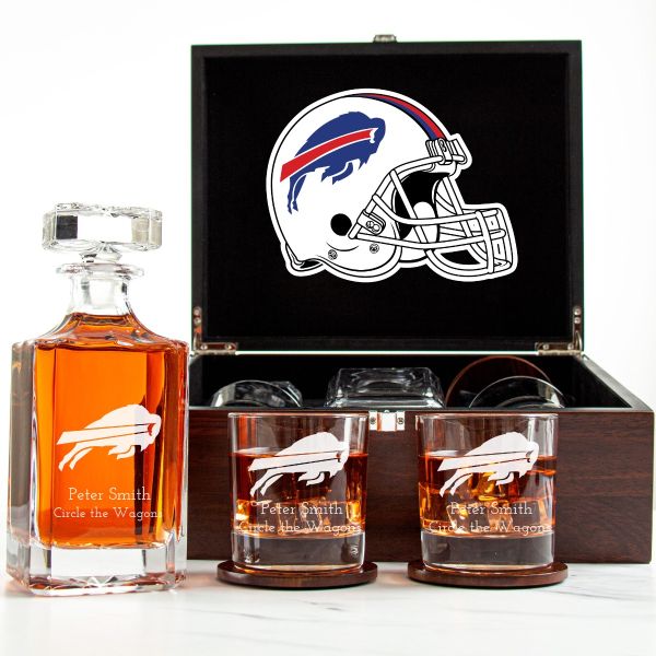 Customized Engraved Dark Brown Wood Box Decanter Set With Rocks Glasses - NFL Buffalo Bills