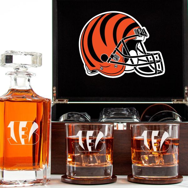 Customized Engraved Dark Brown Wood Box Decanter Set With Rocks Glasses - NFL Cincinnati Bengals