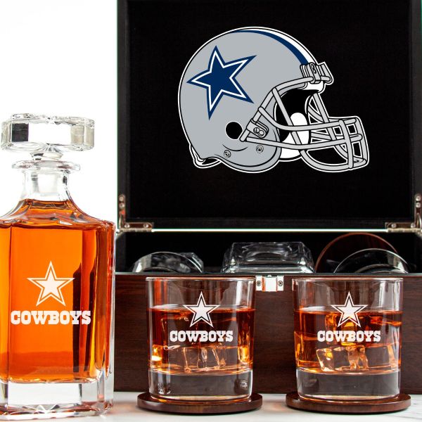 Customized Engraved Dark Brown Wood Box Decanter Set With Rocks Glasses - NFL Dallas Cowboys