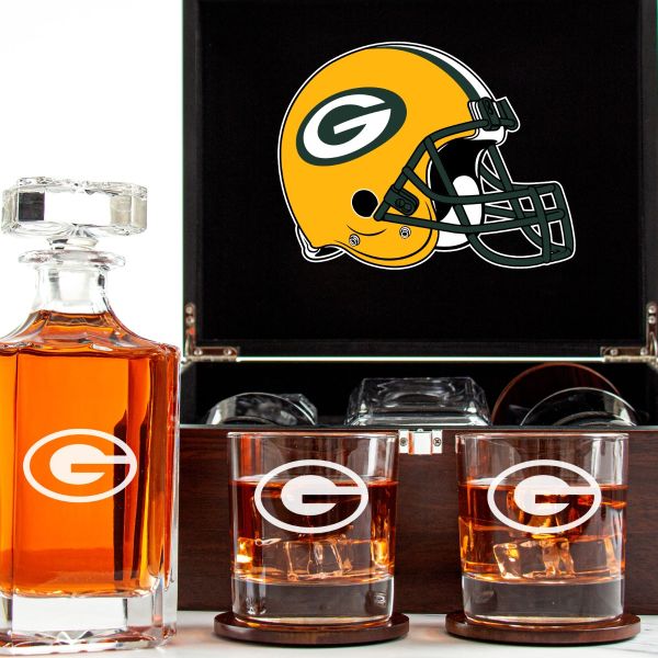 Customized Engraved Dark Brown Wood Box Decanter Set With Rocks Glasses - NFL Green Bay Packers
