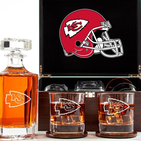 Customized Engraved Dark Brown Wood Box Decanter Set With Rocks Glasses - NFL Kansas City Chiefs