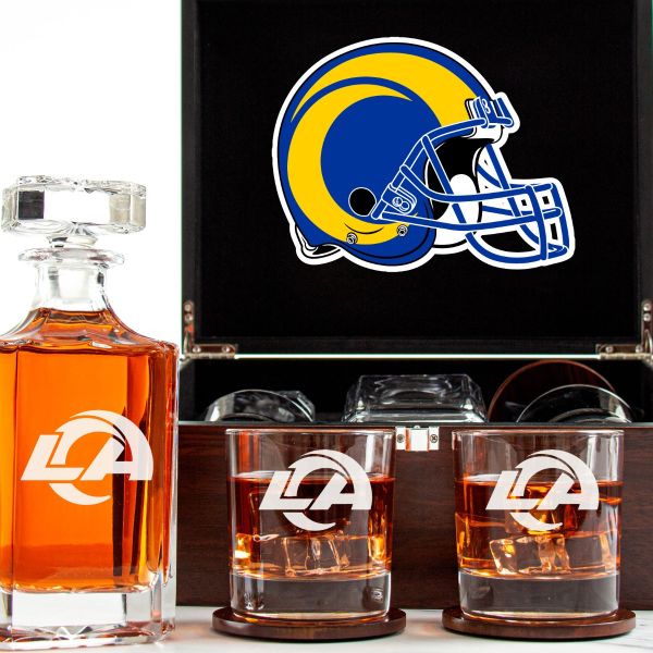 Customized Engraved Dark Brown Wood Box Decanter Set With Rocks Glasses - NFL Los Angeles Rams