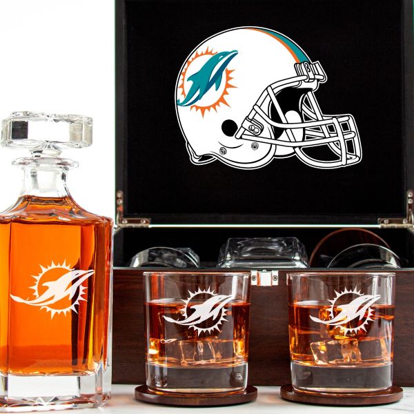 Customized Engraved Dark Brown Wood Box Decanter Set With Rocks Glasses - NFL Miami Dolphins