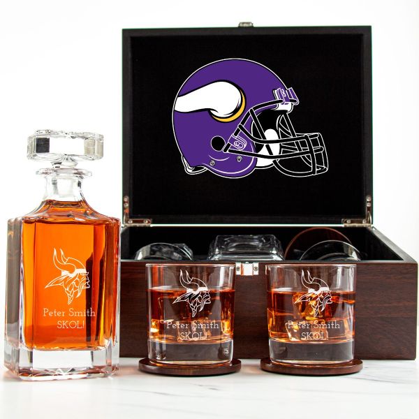 Customized Engraved Dark Brown Wood Box Decanter Set With Rocks Glasses - NFL Minnesota Vikings