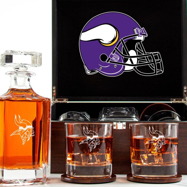 Customized Engraved Dark Brown Wood Box Decanter Set With Rocks Glasses - NFL Minnesota Vikings