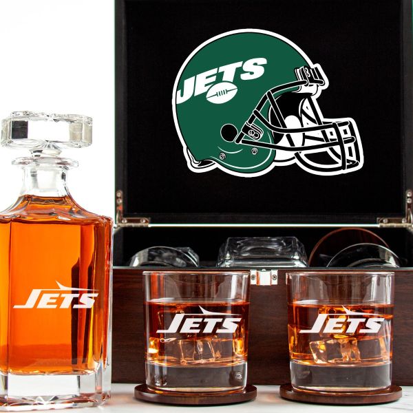 Customized Engraved Dark Brown Wood Box Decanter Set With Rocks Glasses - NFL New York Jets