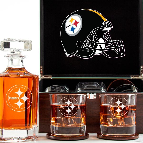 Customized Engraved Dark Brown Wood Box Decanter Set With Rocks Glasses - NFL Pittsburgh Steelers