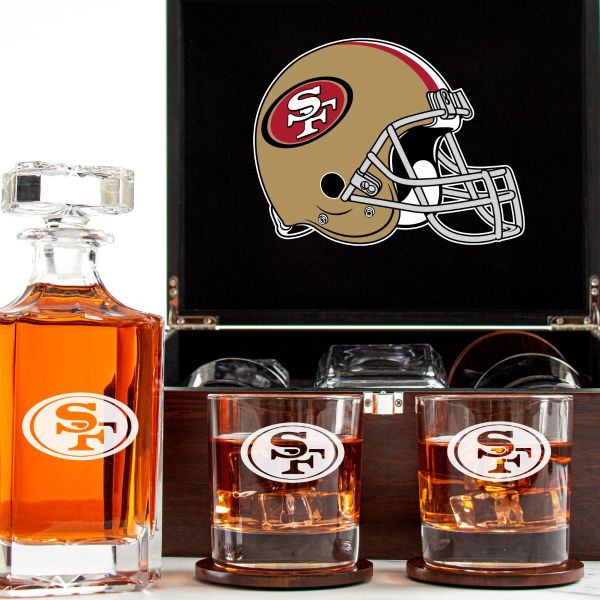 Customized Engraved Dark Brown Wood Box Decanter Set With Rocks Glasses - NFL San Francisco 49ers
