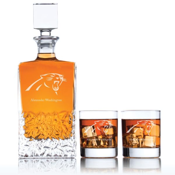 Personalized Carolina Panthers - Personalized Excalibur Decanter Set with Whiskey Glasses - Man Cave Gifts - Gifts for Him