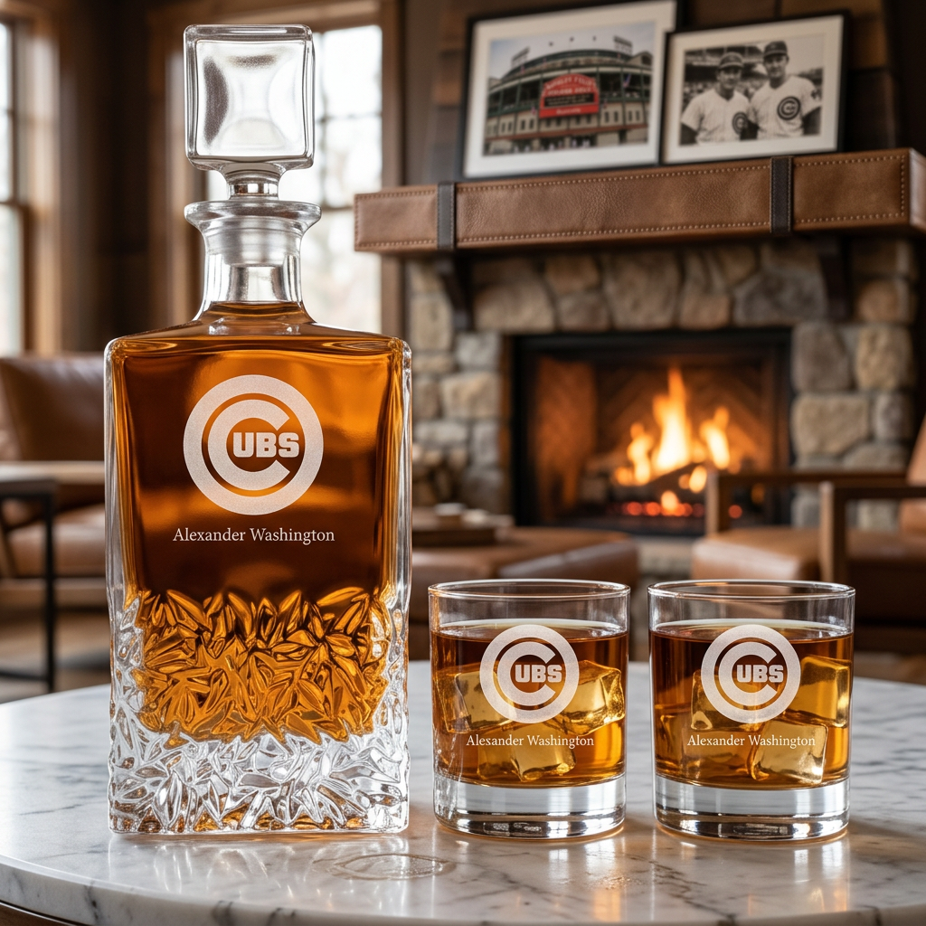 Personalized Chicago Cubs - Personalized Excalibur Decanter Set with Whiskey Glasses - Man Cave Gifts - Gifts for Him