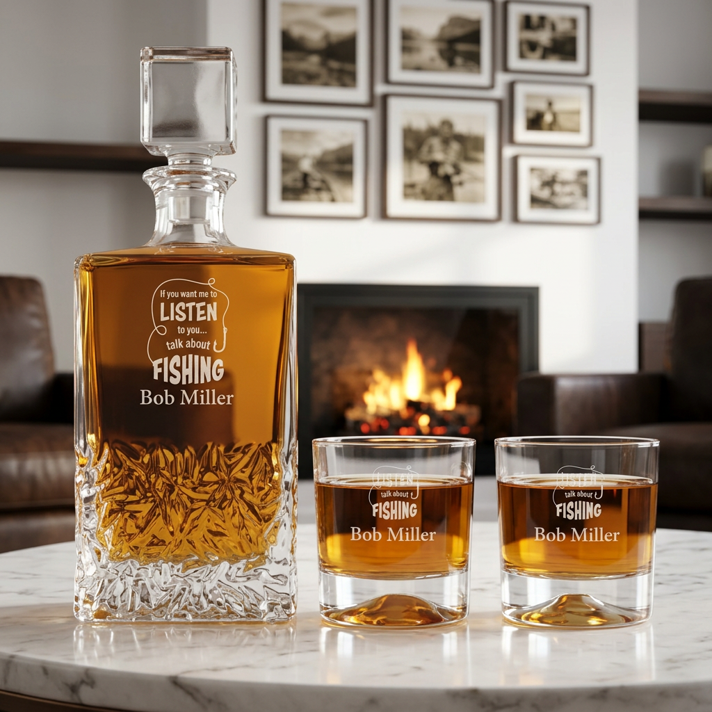 Engraved Talk About Fishing - Personalized Excalibur Decanter Set with Whiskey Glasses