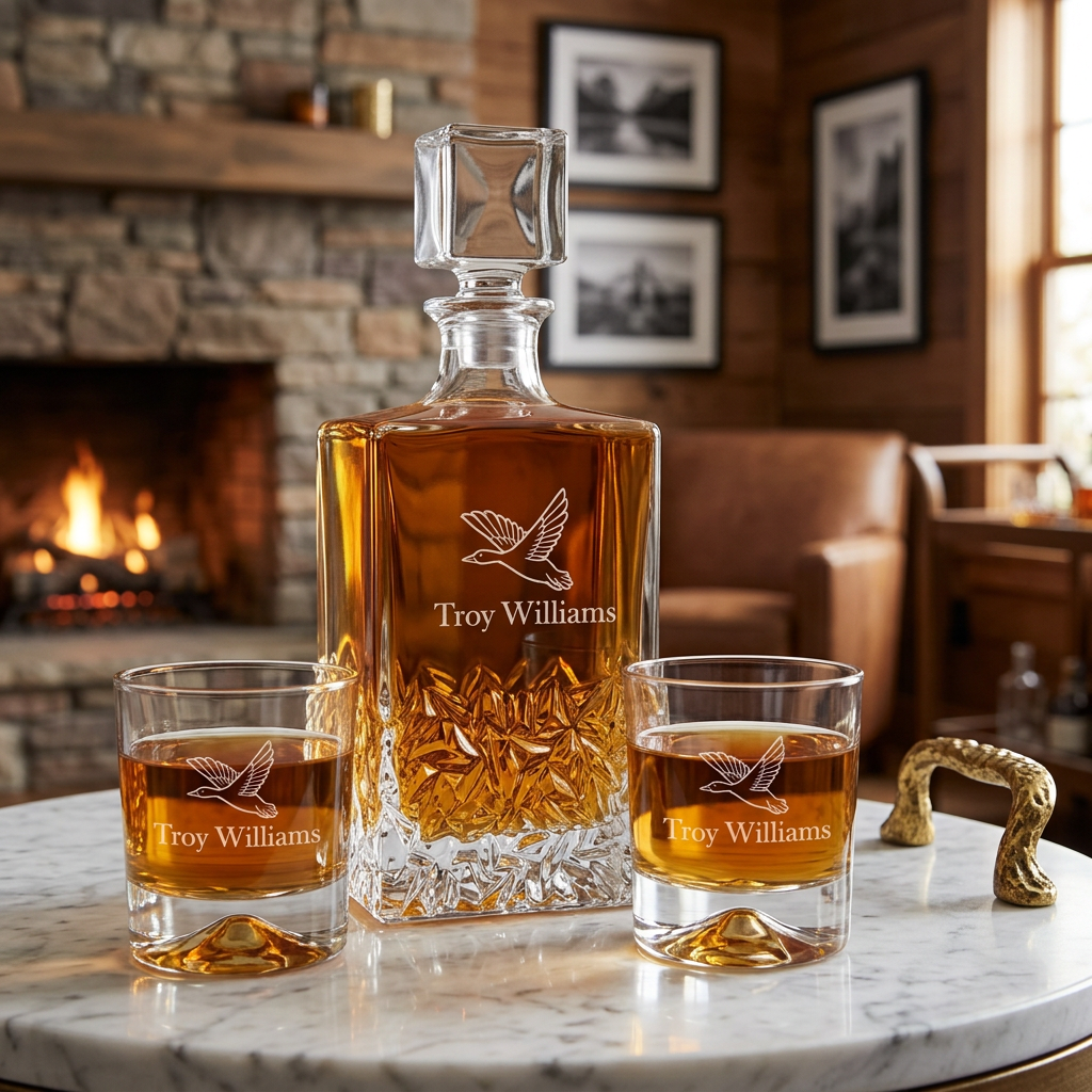 Engraved Solo Flying Duck - Personalized Excalibur Decanter Set with Whiskey Glasses