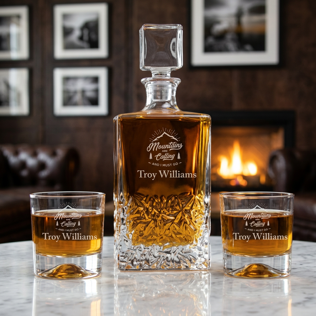 Engraved Mountains Are Calling - Personalized Excalibur Decanter Set with Whiskey Glasses