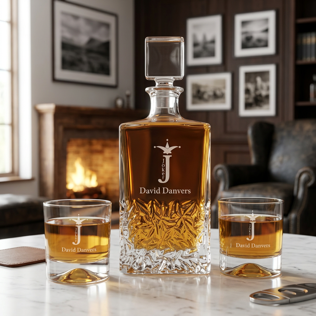 Custom Engraved Joker with J Initial - Personalized Excalibur Decanter Set with Whiskey Glasses