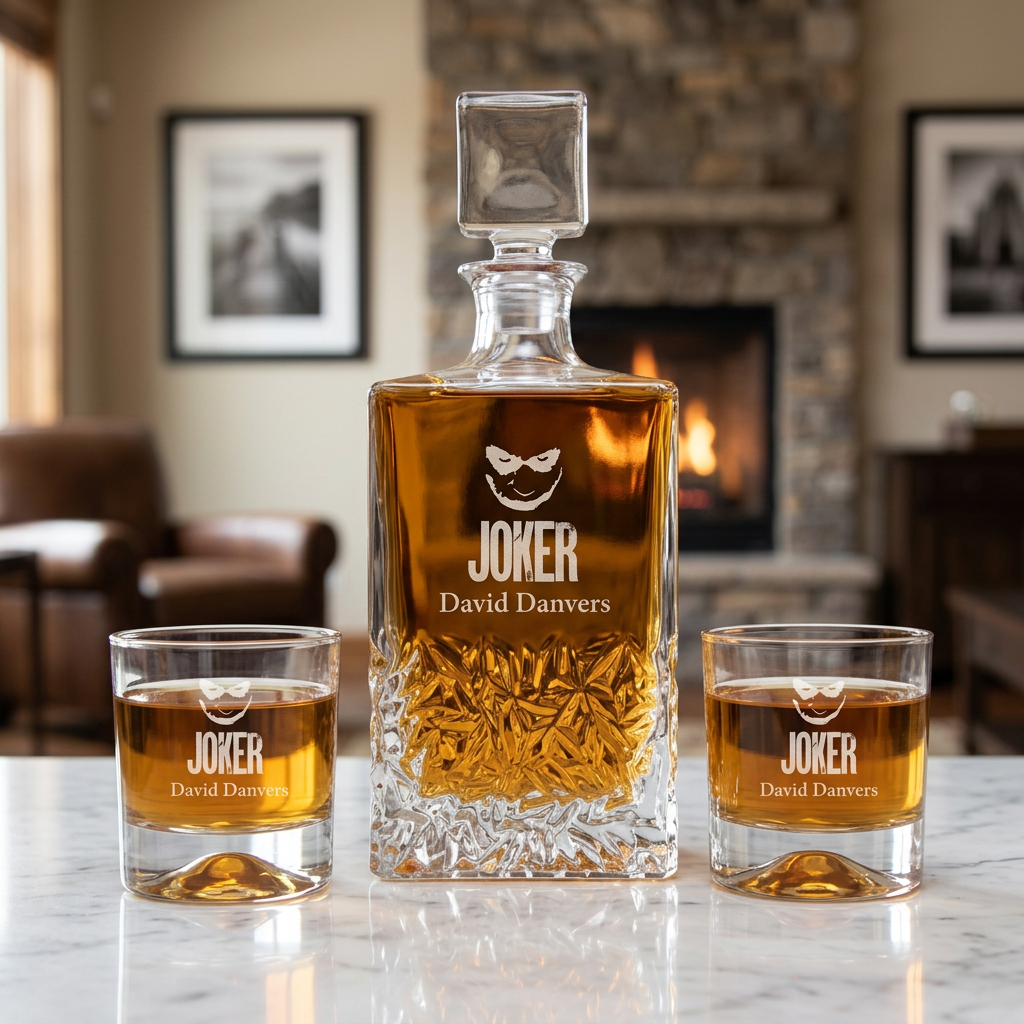 Custom Engraved Joker Sketch- Personalized Excalibur Decanter Set with Whiskey Glasses