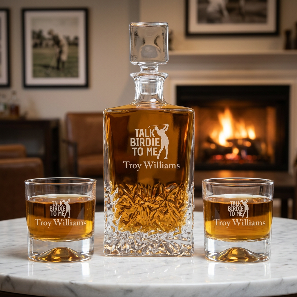 Custom Engraved Talk Birdie To Me - Personalized Excalibur Decanter Set with Whiskey Glasses