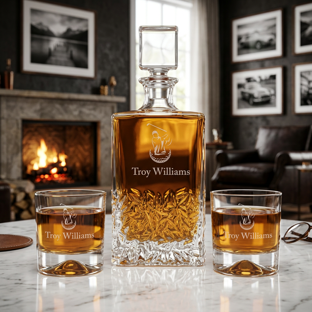 Custom Engraved Golfer and Golf Ball - Personalized Excalibur Decanter Set with Whiskey Glasses