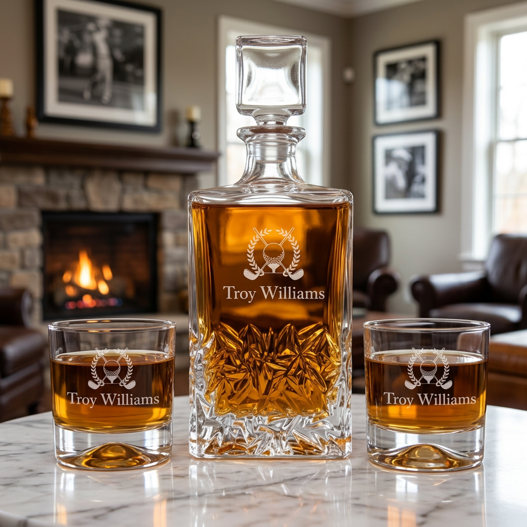 Custom Engraved Golf Emblem with Clubs - Personalized Excalibur Decanter Set with Whiskey Glasses