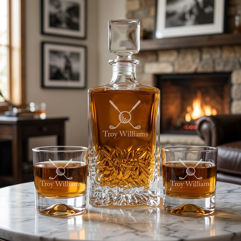 Custom Engraved Golf Cross Bones - Personalized Excalibur Decanter Set with Whiskey Glasses