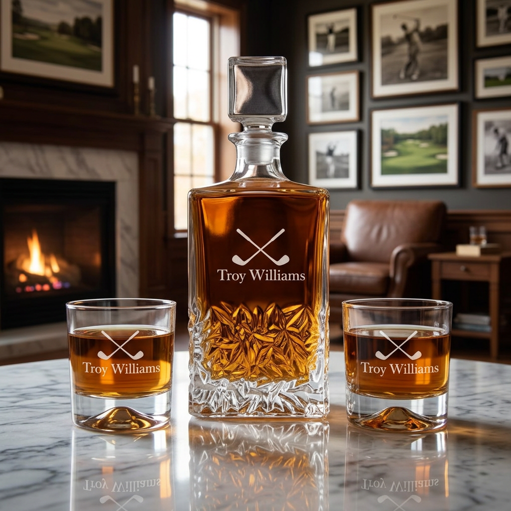 Custom Engraved Golfing Clubs Forming Cross Bones - Personalized Excalibur Decanter Set with Whiskey Glasses