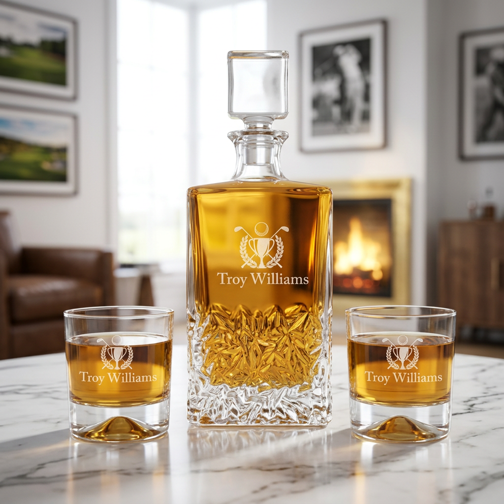 Custom Engraved Golf Clubs Ball Leave Emblem - Personalized Excalibur Decanter Set with Whiskey Glasses