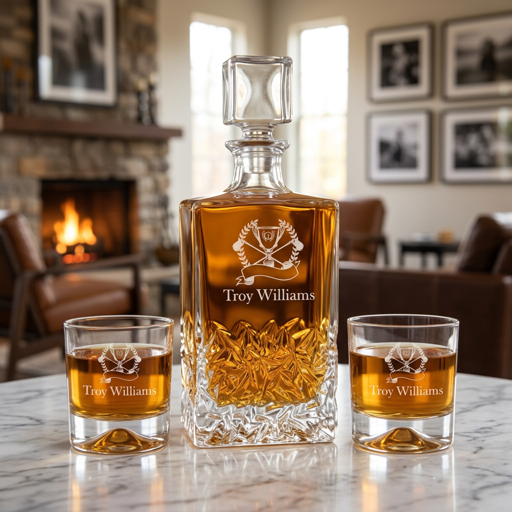 Custom Engraved Golfing Trophy Award - Personalized Excalibur Decanter Set with Whiskey Glasses