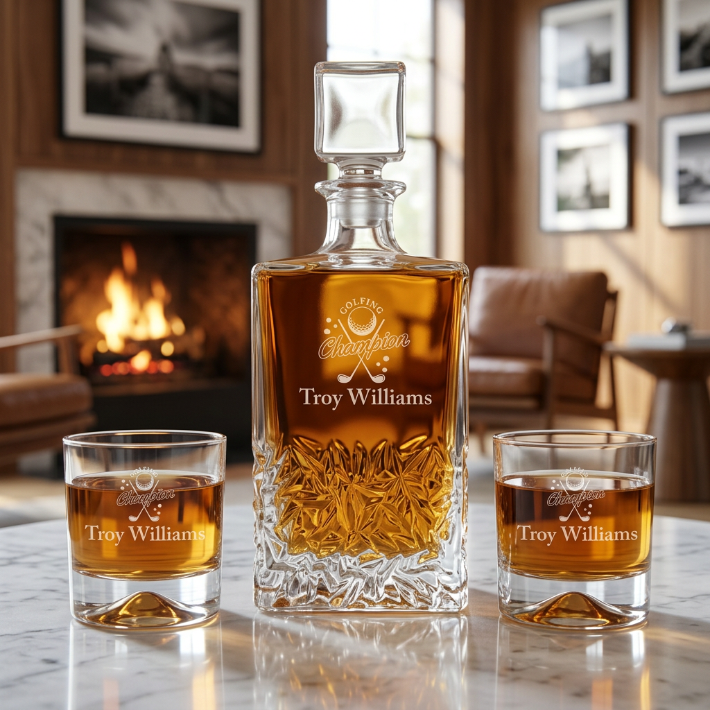Custom Engraved Golfing Champion - Personalized Excalibur Decanter Set with Whiskey Glasses