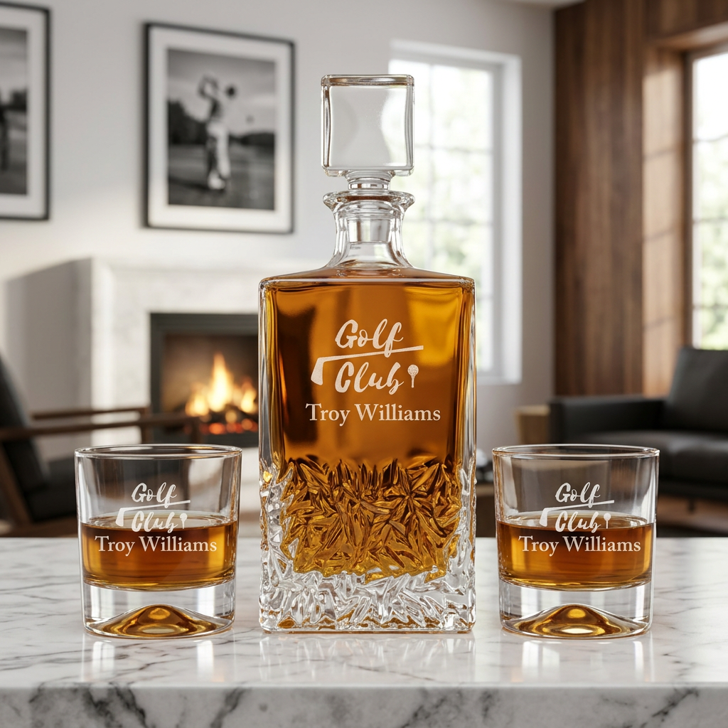 Custom Engraved Golf Club - Personalized Excalibur Decanter Set with Whiskey Glasses